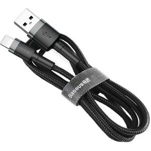 USB töltő- és adatkábel, Lightning, 50 cm, 2400 mA, törésgátlóval, gyorstöltés, cipőfűző minta, Baseus Cafule, CALKLF-AG1, fekete/szürke 129672884 - Adatkábel