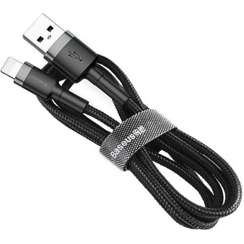 USB töltő- és adatkábel, Lightning, 50 cm, 2400 mA, törésgátlóval, gyorstöltés, cipőfűző minta, Baseus Cafule, CALKLF-AG1, fekete/szürke 129672884
