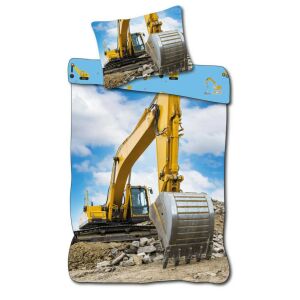 Set de lenjerie de pat Construction Power Excavator, 140x200cm, 70x90cm, excavator galben pe fundal albastru - Lenjerie de pat