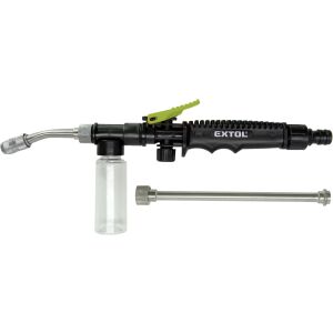 EXTOL CRAFT градински пръскач с високо налягане, показващ продукта с удължителната пръчка и бутилката - Миялна машина под високо налягане