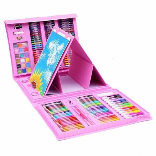 SIKS 208 darabos gyermek művészeti készlet, nyitott rózsaszín tokkal, ceruzákkal, filctollakkal és vízfestékekkel