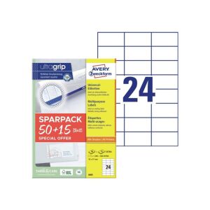 Etikett címke, 70x37mm, univerzális, 65 lap, 24 címke/lap Avery, fehér 129693284 - Avery