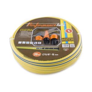 Furtun de grădină AlmaPlast MATCH, 20m, 5/8 inch, galben, cu duză, conector și adaptor - Irigare