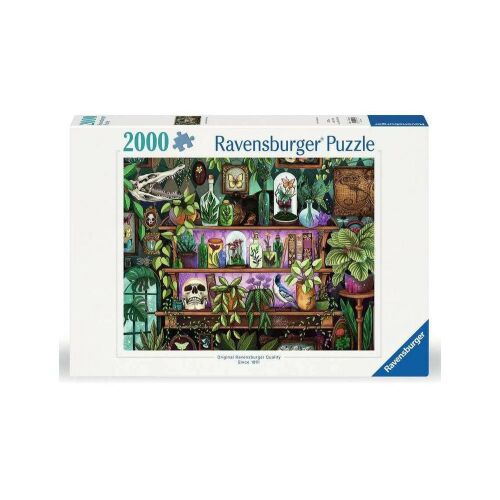 Ravensburger 2000 darabos kirakó, A boszorkány holmija, 12001416, egy részletes illusztrációt mutat be egy polcról, amely tele van varázsitalos üvegekkel, növényekkel és egyéb mágikus tárgyakkal