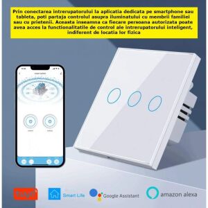SIKS Dual Touch Smart Light Switch, Wi-Fi, 3 világító gomb, Biztonsági üveg, Alkalmazáskompatibilis, Tuya, Life Smart, Amazon Alexa, Google Asszisztens, Fehér 145851304 - SIKS