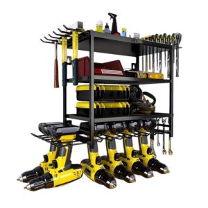 SIKS fali szerelhető szerszámszervező, garázs tároló állvány, fúró tartó, polcokkal és kampókkal, fekete, a termék teljes nézetét mutatja - SIKS