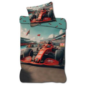 Set lenjerie de pat pentru copii mici cu tema Forma 1 Race, husă de pilotă 100x135cm și față de pernă 40x60cm - Lenjerie de pat