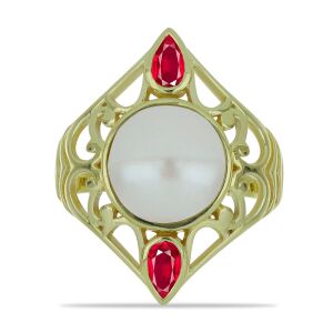 Elegáns Aranyozott Ezüst Gyűrű - Fehér Gyöngy és Rubin 129851110 - Női kiegészítő