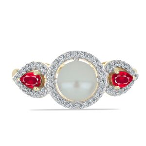 Arannyal Bevont Ezüst Gyűrű Fehér Édesvízi Tenyésztett Gyönggyel és Madagaszkári Rubinnal, Y59181/54 129851102 - Női kiegészítő