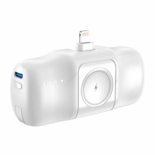 Wozinsky WF16-YLS 5000mAh 15W Lightning Mini Power Bank beépített USB-C kábellel és Apple Watch töltővel - fehér