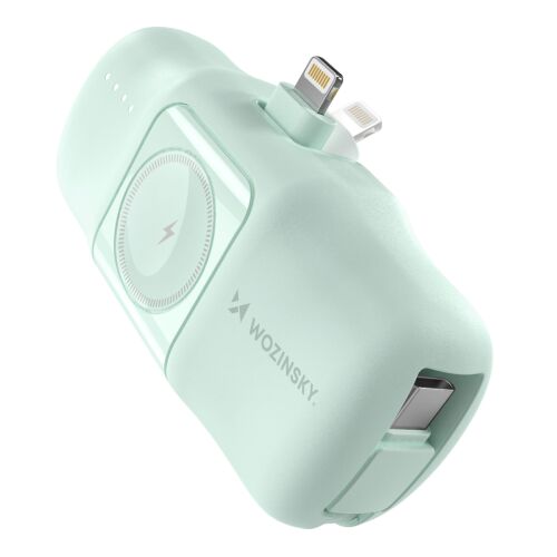Wozinsky WF16-YLS 5000mAh 15W Lightning Mini Power Bank beépített USB-C kábellel és Apple Watch töltővel - zöld