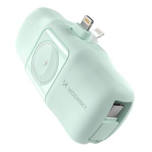 Wozinsky WF16-YLS zöld mini power bank beépített USB-C és Lightning csatlakozókkal, valamint Apple Watch töltővel - Wozinsky