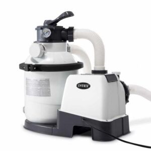 Intex KrystalSand homokszűrős rendszer úszómedencékhez, a teljes rendszert mutatja a szűrőtartállyal, szivattyúval és tömlőkkel - Medence és strandjáték