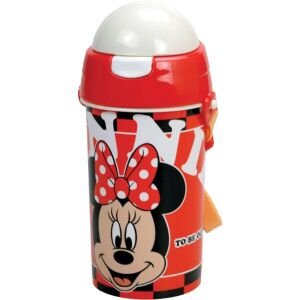 Бутилка за вода Disney Minnie Mouse, 500 ml, червена с бели точки, капачка с капаче, каишка за носене - Носител на храна и напитки