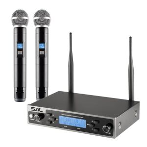 SAL MVN610 professional wireless microphone set, two handheld microphones with digital display and power button, receiver unit with two antennas, digital display, volume control, and power button - Audio
