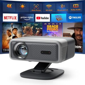 1080P Full HD projektor 4K támogatással, autofókusz, WiFi 6, Bluetooth 5.2 és Dolby Audio funkciókkal, bemutatva a projektor funkcióit és a streaming szolgáltatásokkal való kompatibilitását - Projektor