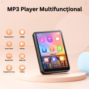 MP3 lejátszó érintőképernyővel, 128GB belső memória, Bluetooth 5.3, HiFi hangzás, beépített hangszóró, FM rádió, e-könyv olvasó, hangrögzítő, ébresztőóra, naptár és még sok más - MP3 & MP4 lejátszó