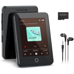 Fekete MP3 lejátszó 64 GB memóriakártyával, a készülék zenét játszik fejhallgatóval - MP3 & MP4 lejátszó