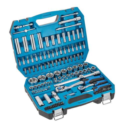 Högert 144-piece socket and bit set in open blue case