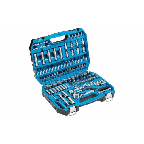 Högert 112-piece socket wrench and bit set in open case on white background