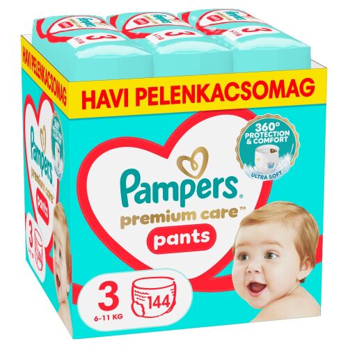Pampers Premium Care Pants Midi Size 3, 144 count, monthly pack with baby image