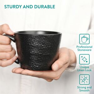 Cană ceramică neagră Navaris cu aspect de in, robustă și durabilă, 350ml - Cani