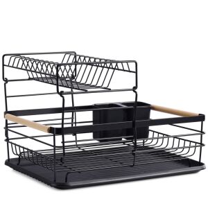 Navaris 2-poziomowa suszarka do naczyń z pojemnikiem na sztućce i tacką ociekową, czarna - Suszarka do naczyń