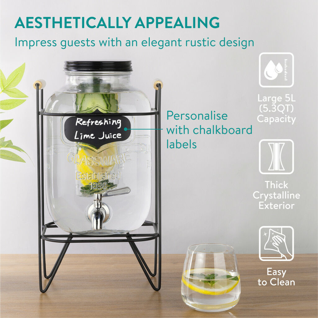 Dozownik do napojów Navaris, 5 l, kran ze stali nierdzewnej, z pojemnikiem na owoce i rurką do lodu, NAV0000111P003C