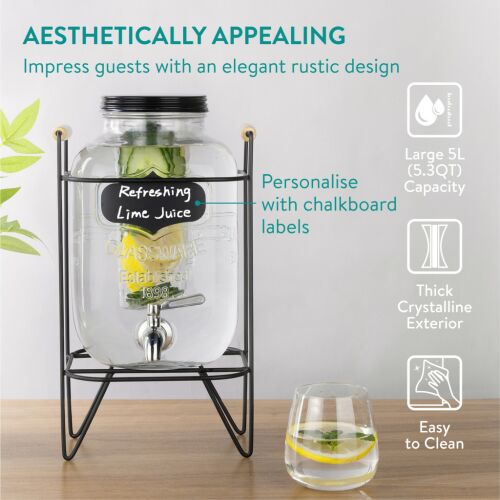 Navaris 5L szklany dozownik do napojów z etykietą do pisania kredą, czarnym metalowym stojakiem i kranem ze stali nierdzewnej