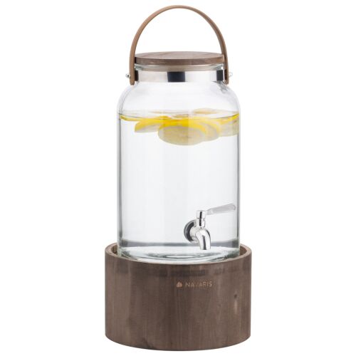 Dispenser na nápoje Navaris, 5,6L sklenený dávkovač s dreveným stojanom a koženou rukoväťou