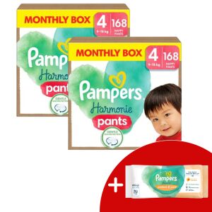 Pampers Harmonie Pants Größe 4 Monatsbox mit Gratis Feuchttüchern - Wickeltasche und Windeln