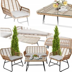 Kerti bútorgarnitúra, rattan asztal, kanapé, 2 szék és szürke párnák 139874130 - Ramiz
