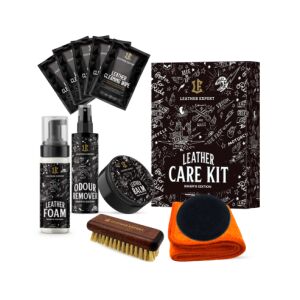 Set de îngrijire a pielii Leather Expert Biker's Edition pentru echipamente de motociclete, include spumă de curățare a pielii, balsam, eliminator de mirosuri, șervețele, perie și cârpă din microfibră - Leather Expert