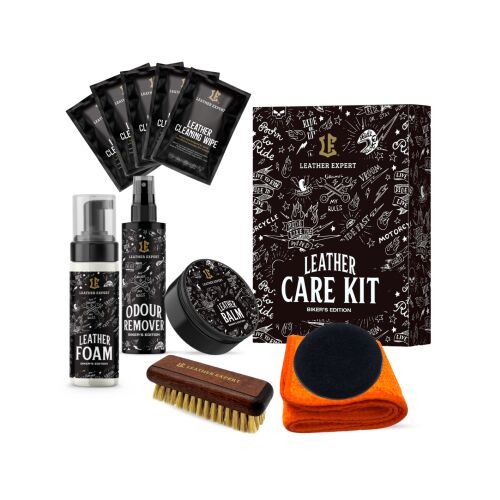 Set de îngrijire a pielii Leather Expert Biker's Edition pentru echipamente de motociclete, include spumă de curățare a pielii, balsam, eliminator de mirosuri, șervețele, perie și cârpă din microfibră