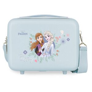 A Disney Frozen Own Your Destiny kozmetikai táska elülső nézete, világoskék színben, Anna és Elsa képével a Frozen filmből - Kozmetikai bőrönd