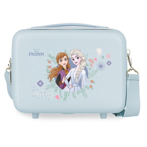 A Disney Frozen Own Your Destiny kozmetikai táska elülső nézete, világoskék színben, Anna és Elsa képével a Frozen filmből