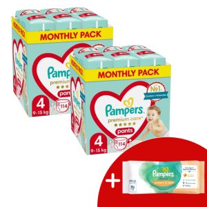 Pampers Premium Care Pants Mărimea 4 Pachet Lunar cu Șervețele Gratuite - Scutece bebelusi