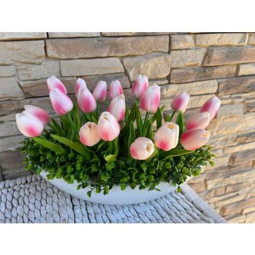 Tulipán Művirág csónaktálban több szálas #rózsaszín-fehér