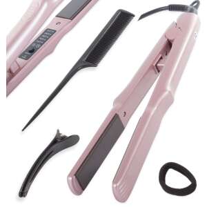Różowe prostownica do włosów z grzebieniem, klipsami i gumką do włosów - Uroda i zdrowie