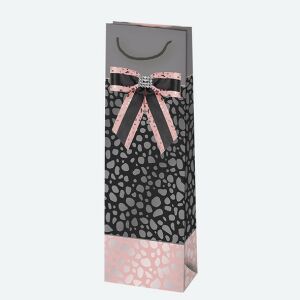 Sac de cadou cu model negru și roz cu fundă pentru o sticlă de vin - Pungi cadou