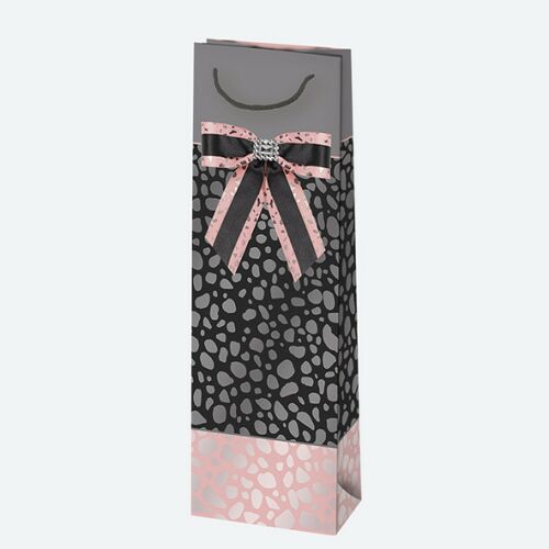 Fekete és rózsaszín mintás ajándék táska szalaggal borosüveghez