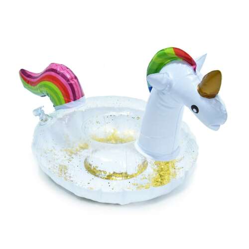 Felfújható unikornisos pohártartó, fehér, arany csillogással és szivárványos farokkal, fehér alapon elkülönítve