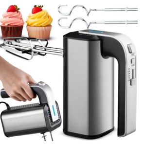 Retoo rozsdamentes acél kézi mixer muffinokkal, habverőkkel és használat közbeni bemutatóval - Retoo