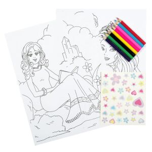 Set Colorat Printesa: Carte de colorat cu prințese, 8 creioane colorate și autocolante pentru distracție creativă. - Creioane colorate