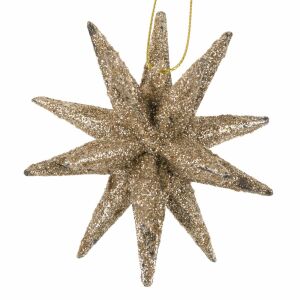 Ornament Brad Crăciun, Fulg 3D, Glitter Bej, 9cm - Decorațiuni pentru pomul de Crăciun