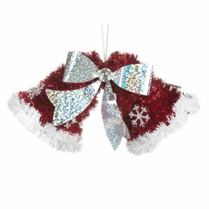 Ornament Brad Crăciun Jumbo, Clopot Dublu 3D, Tinsel Roșu Argintiu Alb, 19 cm ornament de brad - Decorațiuni pentru pomul de Crăciun