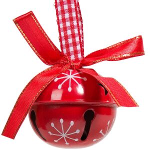 Ornament Brad Crăciun clopoțel metalic roșu cu design fulg de nea și panglică - Decorațiuni pentru pomul de Crăciun