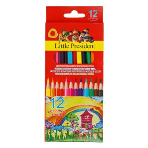 Set 12 creioane colorate triunghiulare Little President cu ascuțitoare - Creioane colorate