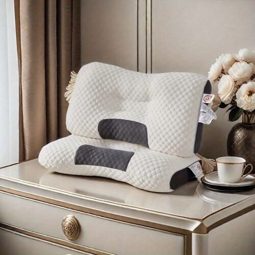 Ergonomikus memóriahab nyak támasztó párna, 2 db, fehér és szürke, éjjeliszekrényen