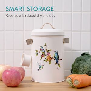 Pojemnik na nasiona dla ptaków Navaris z wzorem kolibra, 4,9 litra, z łyżką i uchwytami bocznymi - Grzęda ptaków